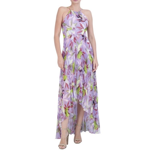 Laundry Shelli Segal Pleated High Low Maxi Dress Floral Halter Women Size 4 - Picture 1 of 16